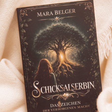 Schicksalserbin - Das Zeichen der verborgenen Macht Buchcover mit Titel "Schicksalsberin" und einem Baum mit leuchtendem Herzen im Hintergrund.